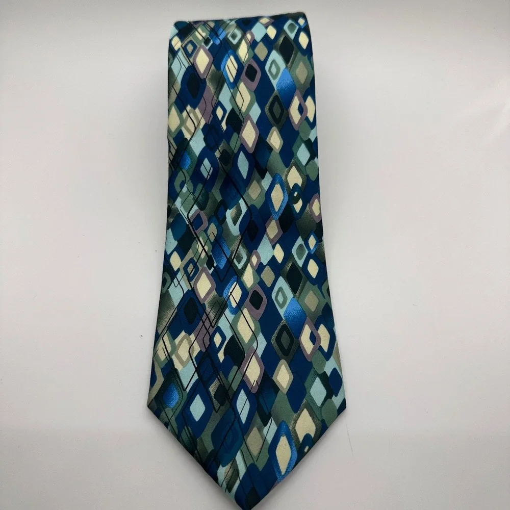 J. Garcia Necktie Geometric Diamond Pattern Blue Green Silk‎ Blend